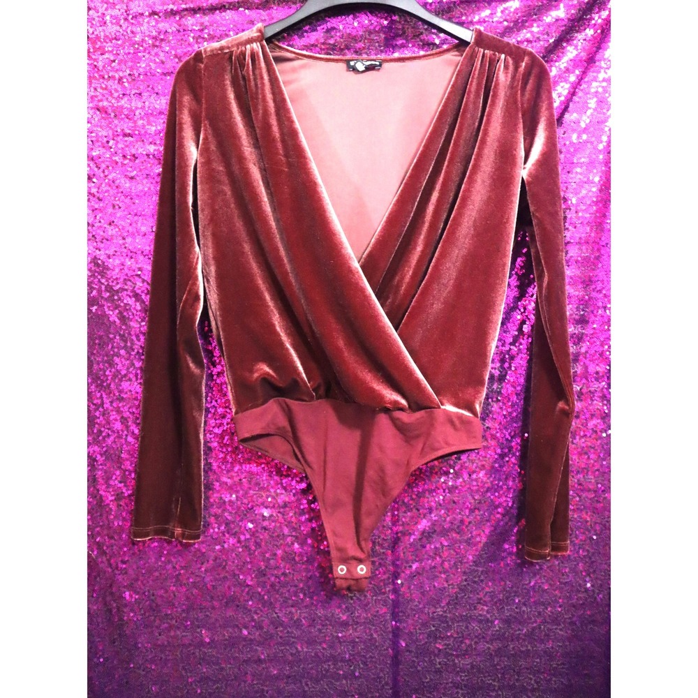 Burgundy Velvet Bodysuit Small Petite Express Womens Long Sleeve Wrap V-Neck